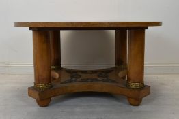 Coffee table, burr maple Biedermeier style with ormolu mounts. H.56 D.106