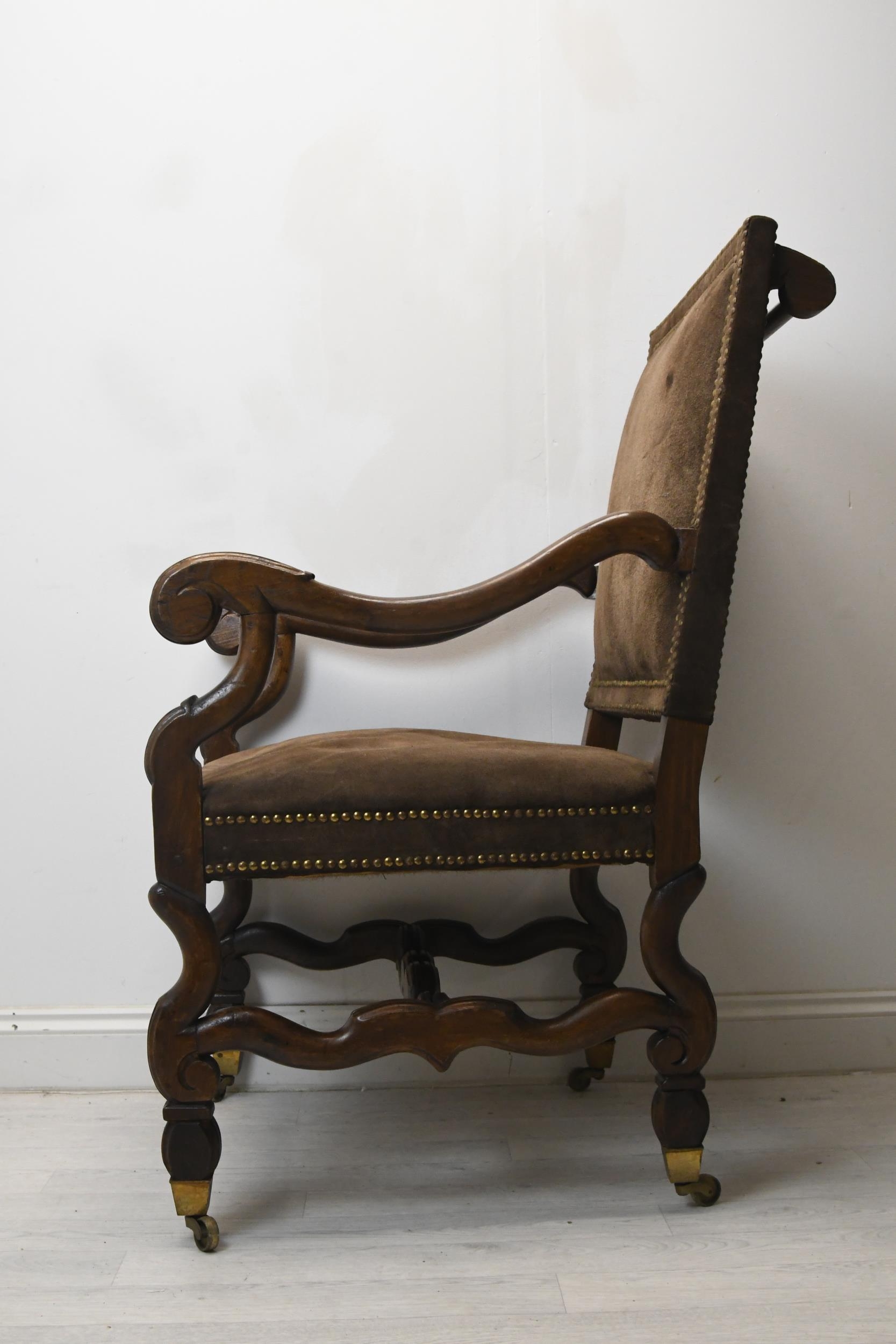Library armchair, 19th century walnut framed in the antique style in faux suede upholstery. H.113 - Image 3 of 4