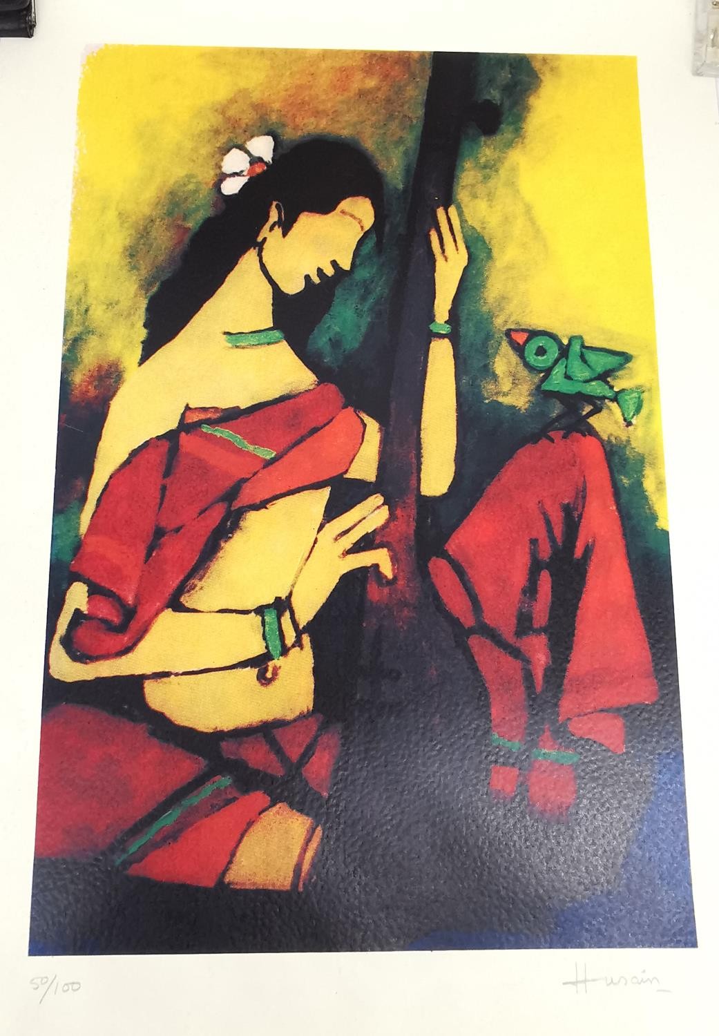 Maqbool Fida Husain, Indian, (1915 - 2011), Abstract lady with sitar, serigraph in colours, signed - Image 2 of 4