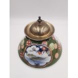 Fukagawa Seiji, an Edwardian silver topped hand painted Japanese porcelain conical inkwell. The body