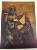 Maqbool Fida Husain, Indian, (1915 - 2011), abstract lady with a bottle, serigraph in colours,