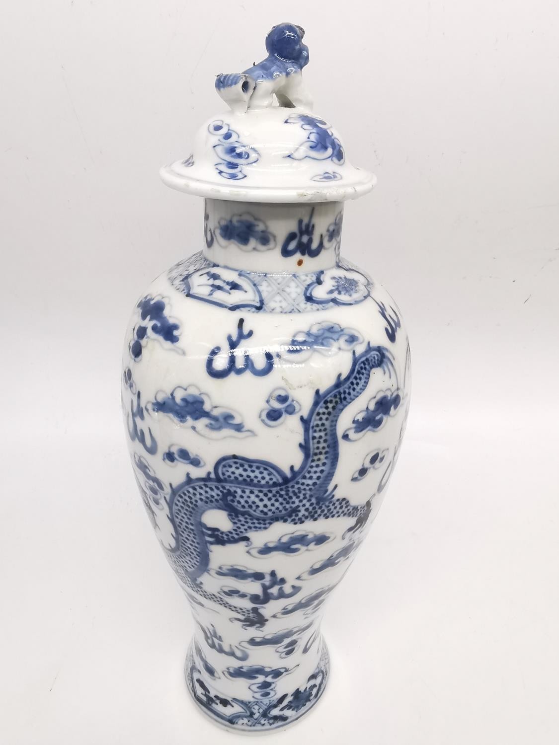 A pair of 19th century Chinese blue and white lidded dragon vases. Each vase decorated with four - Image 5 of 17