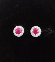 A pair of 18ct white gold ruby and diamond cluster stud earrings. Each set to centre with a round