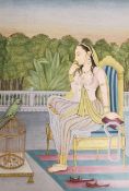 Indian Mughal school, 19th century gouache on paper of female in traditional Indian staring at a