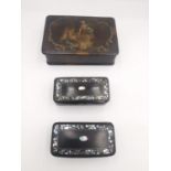 Three 19th century lacquered snuff boxes, one of rectangular form with painted red interior with