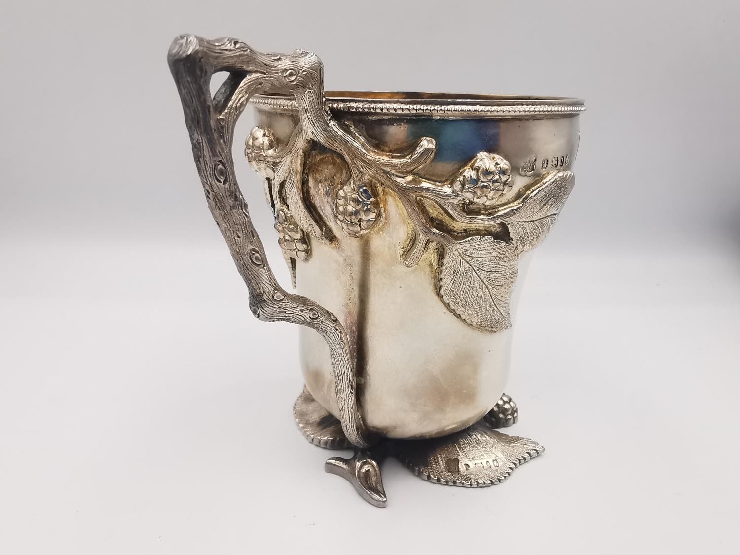 A fitted leather cased Victorian Martin Hall & Co carved sterling silver bramble design tankard. The - Image 3 of 11