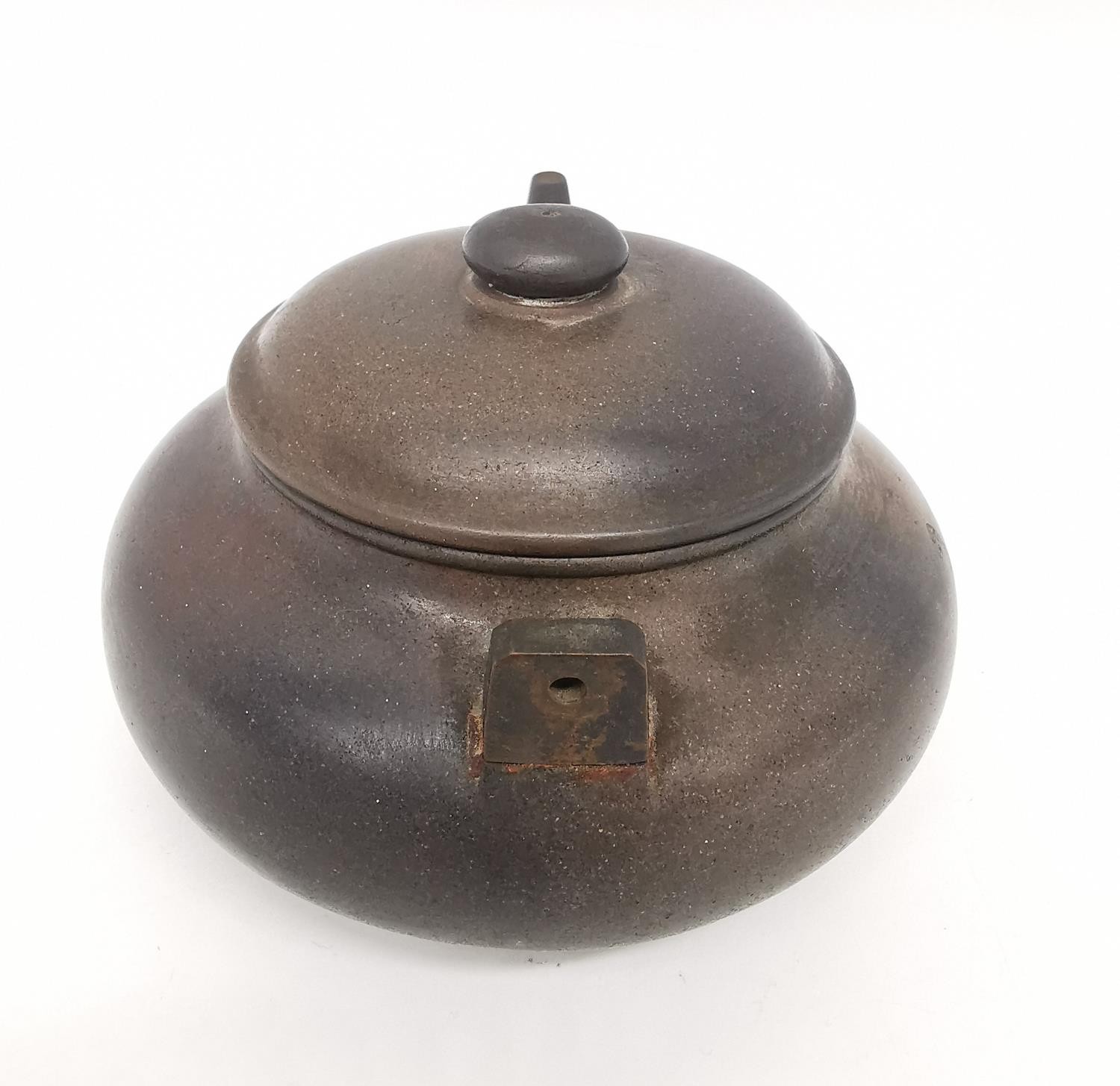 A Qing period Chinese polished Yixing clay teapot of squat rounded form. Impressed character mark to - Image 3 of 8