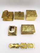A collection of five 19th and early 20th century brass stamp boxes and a sovereign scale. The