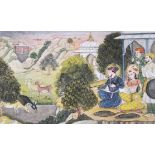 Indian Mughal school, 19th century gouache on paper of a romantic couple hunting deer joined by