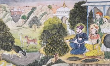 Indian Mughal school, 19th century gouache on paper of a romantic couple hunting deer joined by