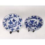 A pair of blue and white Kangxi period porcelain hand painted floral design plates. Double blue