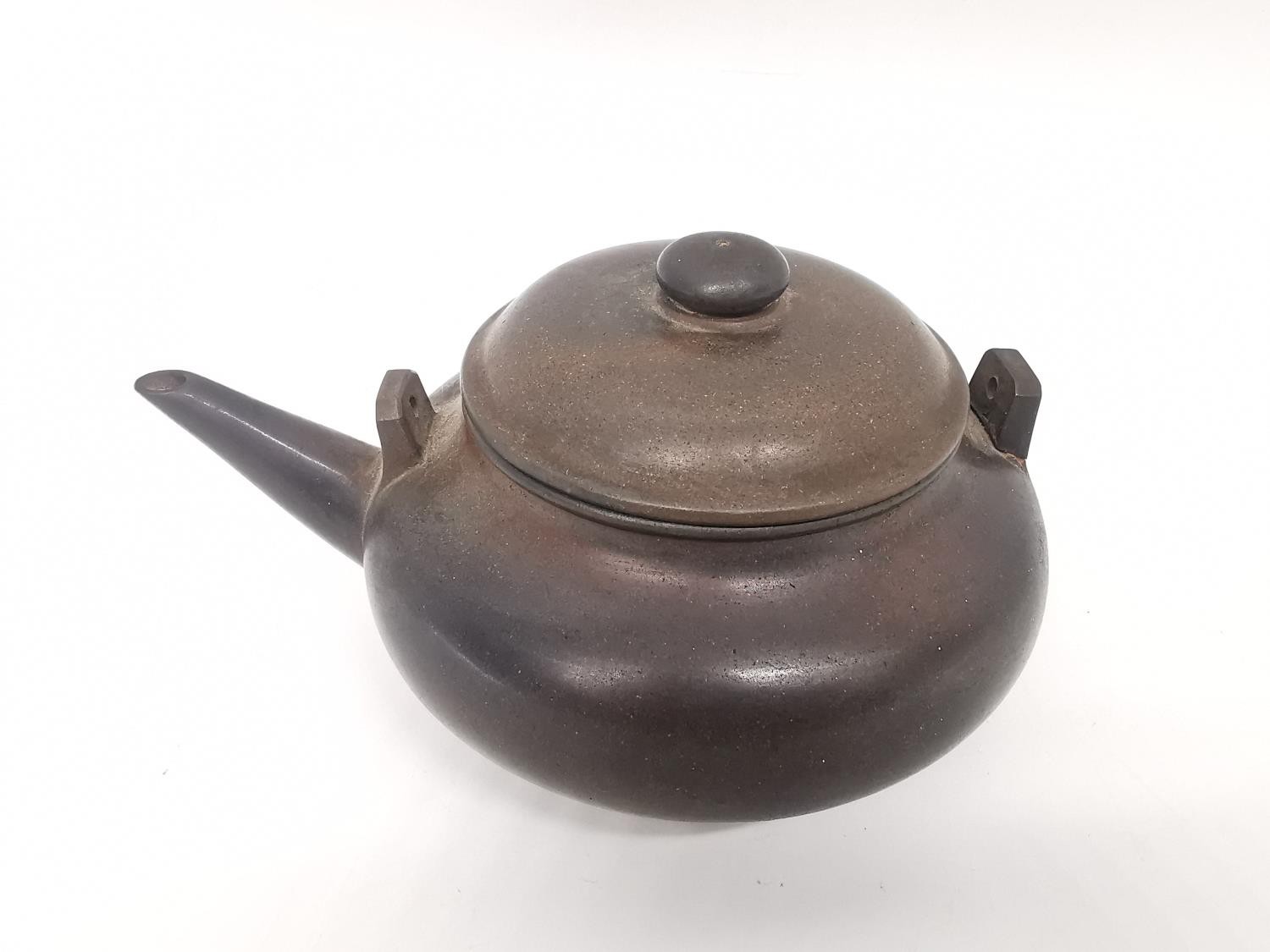 A Qing period Chinese polished Yixing clay teapot of squat rounded form. Impressed character mark to - Image 2 of 8