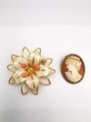 A 9ct yellow gold carved shell cameo brooch with side profile of a classical female figure, in a 9ct