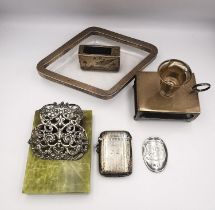 A collection of silver and white metal items, including a Victorian silver match box holder/
