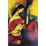 Maqbool Fida Husain, Indian, (1915 - 2011), Abstract lady with sitar, serigraph in colours, signed