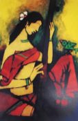Maqbool Fida Husain, Indian, (1915 - 2011), Abstract lady with sitar, serigraph in colours, signed