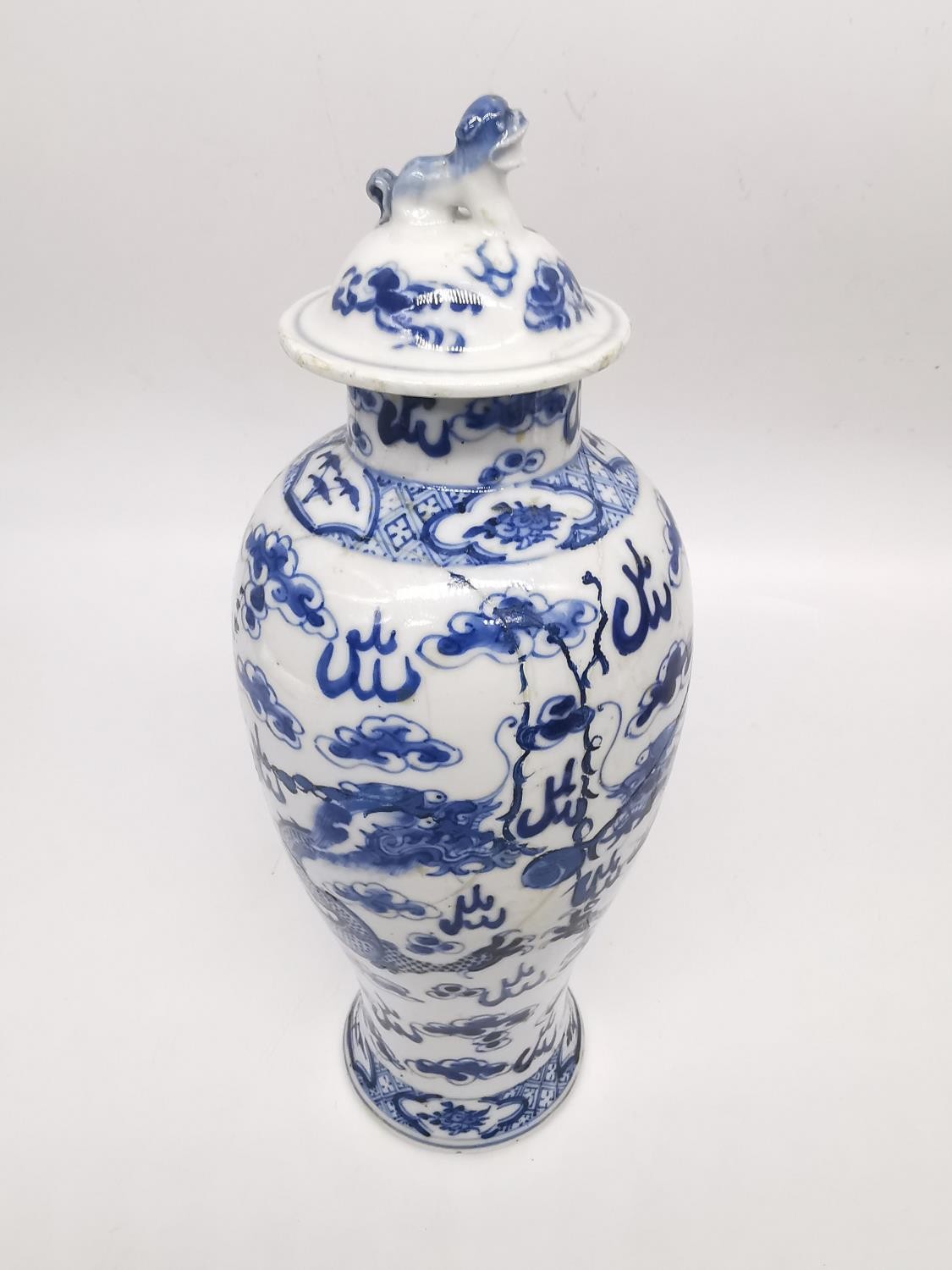 A pair of 19th century Chinese blue and white lidded dragon vases. Each vase decorated with four - Image 10 of 17
