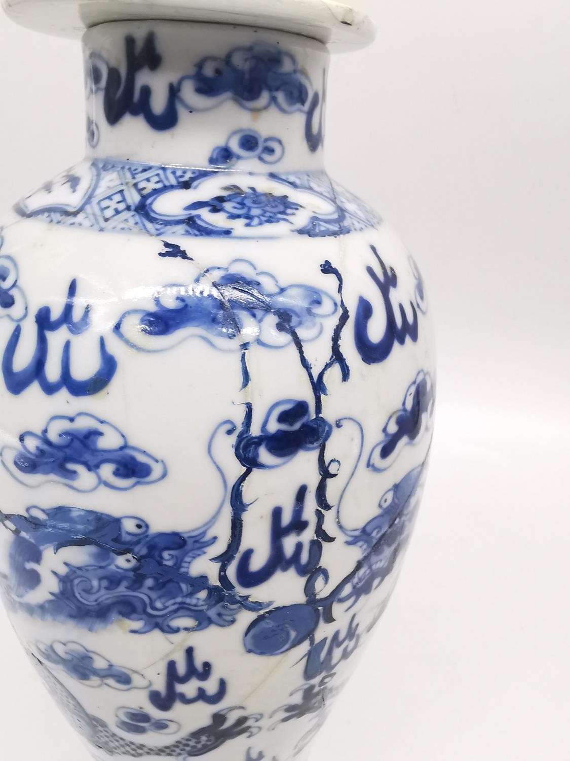 A pair of 19th century Chinese blue and white lidded dragon vases. Each vase decorated with four - Image 11 of 17
