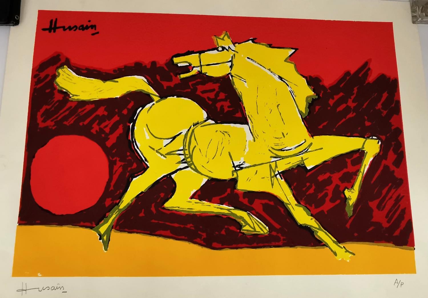 Maqbool Fida Husain, Indian, (1915 - 2011), Horse and sun serigraph in colours, artist's proof, - Image 2 of 4