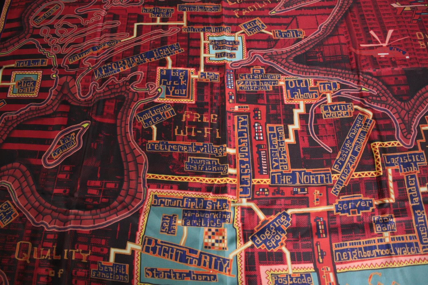 Grayson Perry, British, b.1960-, Red Carpet Scarf, 2017. A boxed hand rolled silk scarf in reds, - Image 3 of 7