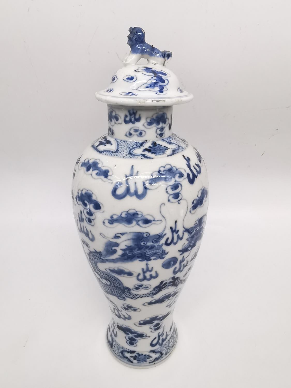 A pair of 19th century Chinese blue and white lidded dragon vases. Each vase decorated with four - Image 2 of 17