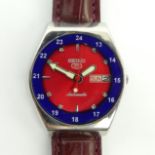 Seiko gents automatic day date adjust retro watch with a stone set red dial. 36 mm wide. UK