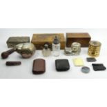 A box of collectable items, including a silver topped perfume bottle, Birm.1901, various boxes and
