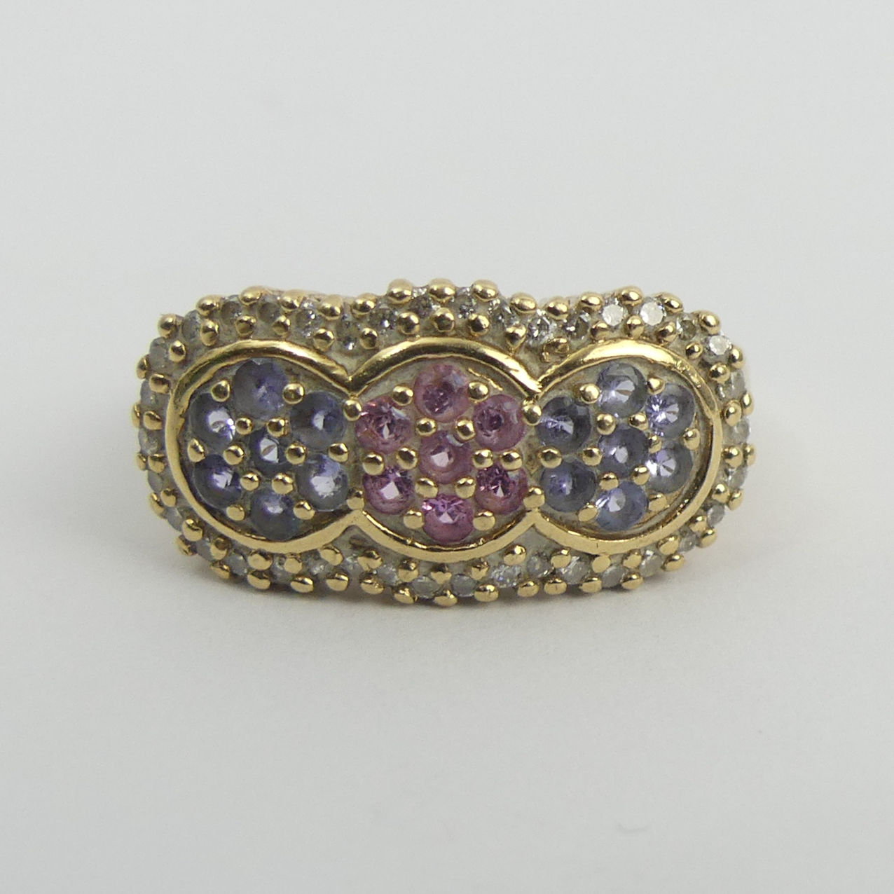 9ct gold ruby, tanzanite and diamond ring, 4 grams. Size T, 11.3 mm. UK Postage £12. - Image 2 of 4