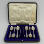 George V cased set of silver teaspoons and sugar tongs, Sheffield 1916, 96 grams. UK Postage £12.