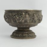 19th century Burmese silver rose bowl decorated with a hunting scene in high relief, 494 grams. 12.5