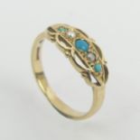 9ct gold turquoise and seed pearl ring, 1.7 grams. Size K, 7.1 mm wide. UK Postage £12.