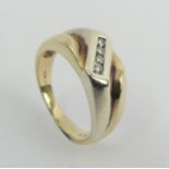 9ct gold three colour diamond ring, 6.4 grams. Size V, 9.6 mm wide. UK Postage £12.