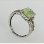 Sterling silver prehnite and diamond ring, 3 grams. Size O, 10.35 mm wide. UK Postage £12.