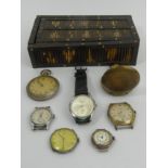 A Victorian porcupine quill box containing various old watches. Box 17 x 9.5 cm. UK Postage £12.