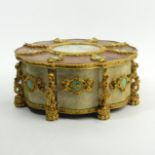 French kingwood ormalu mounted higed jewellery casket with a hand painted panel and plush lining.