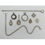 Two silver pocket watches, five silver fobs, a silver watch chain and one other. UK Postage £12.