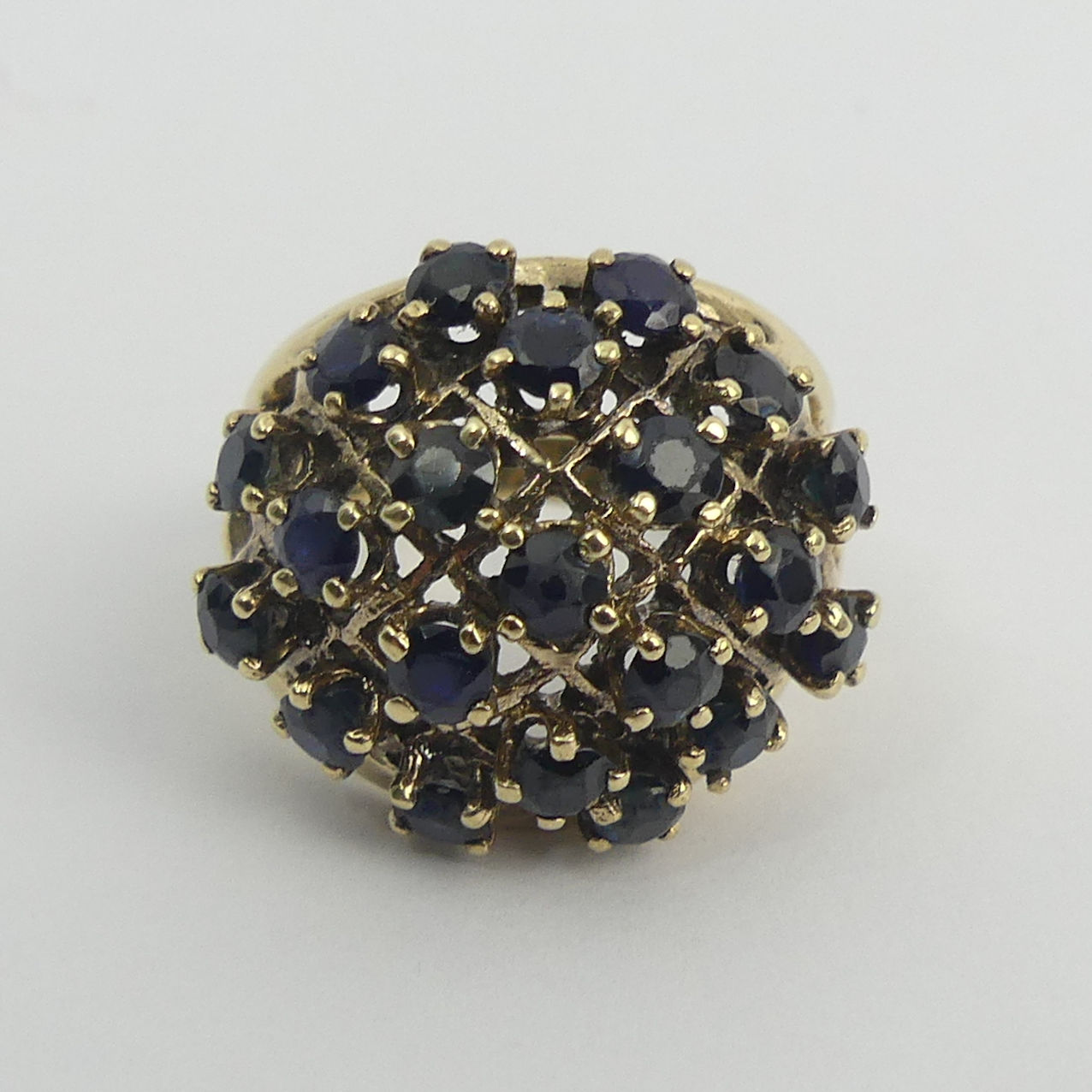 9ct gold sapphire bombe design ring, 7.5 grams, Birm.1963. Size M, 18.5 mm. UK Postage £12. - Image 2 of 5
