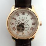 Gents Links of London rose gold plated gents automatic, date adjust, visible escapement movement