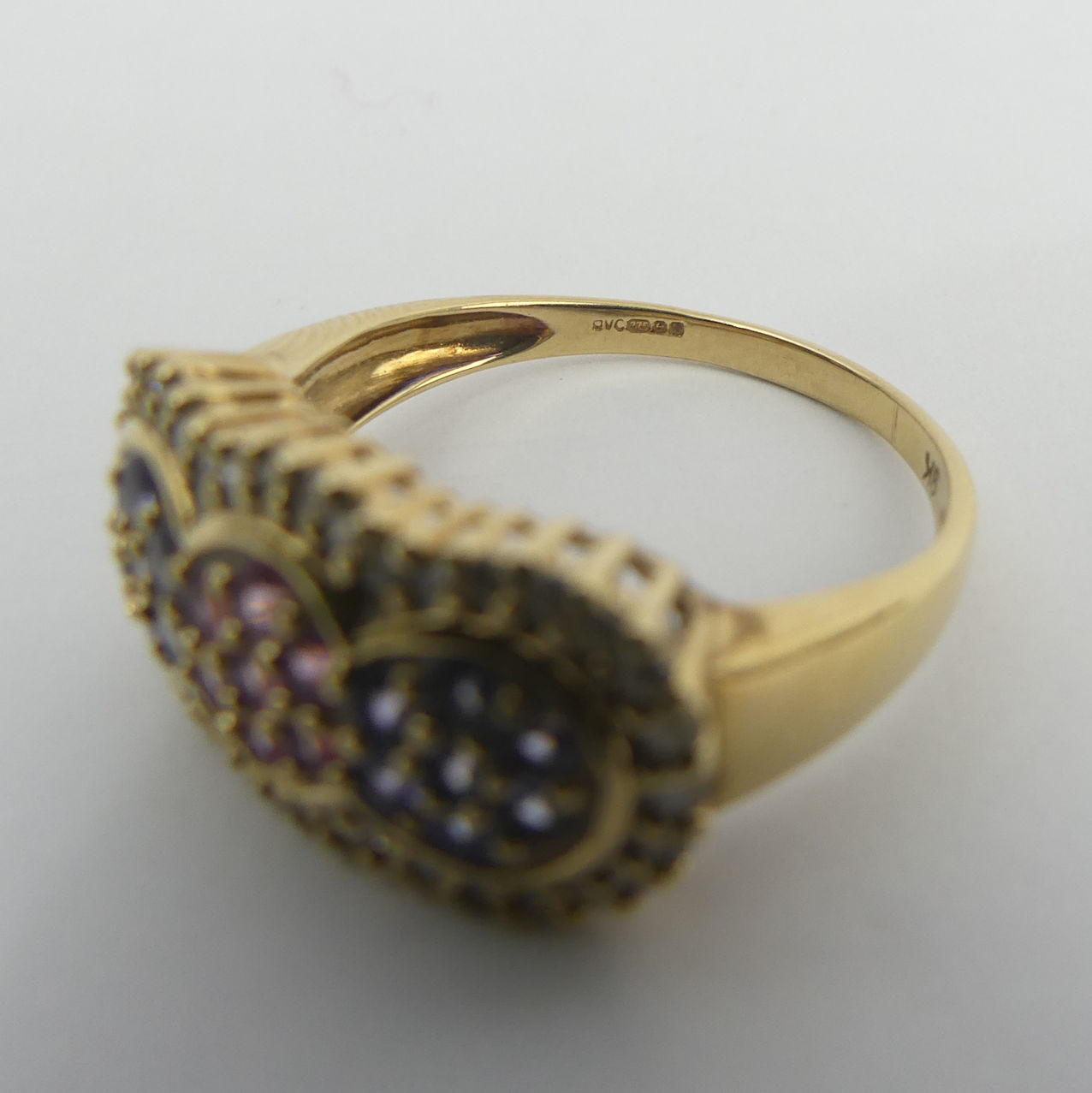 9ct gold ruby, tanzanite and diamond ring, 4 grams. Size T, 11.3 mm. UK Postage £12. - Image 4 of 4