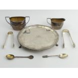 Silver salver, London 1931, silver cream jug and sugar bowl, Sheffield 1894, two silver spoons and