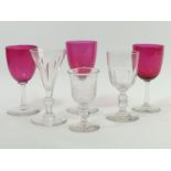 Six Victorian wine glasses two with cranberry bowls. 13 cm. UK Postage £12.