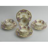 Four Coalport lilac ground floral china cabinet cups and saucers, early 1900's. Cups 6 cm high,