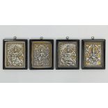 Four framed silver on brass framed Indian deities, 11 x 14 cm. UK Postage £12.