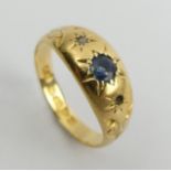 Edwardian 18ct gold sapphire and diamond ring, Chester 1907, 2.4 grams. Size M, 7.5 mm wide. UK