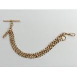 15ct gold pocket watch sliding-t and double clip Albert chain, 44.2 grams. 385 x 5.7 mm. UK