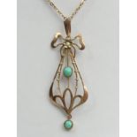 9ct gold Art Nouveau turquoise and seed pearl pendant and chain, 5.1 grams. Chain 46 cm, pendant 5