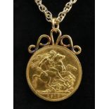 1912 full sovereign pendant on a 9ct gold chain, 16.2 grams. Chain 58 cm. UK Postage £12.