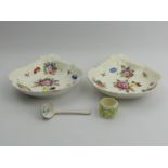 Two Victorian hand painted floral porcelain shell form dishes, a Meissen sauce ladle and a Belleek