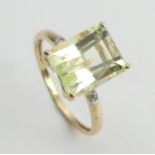 9ct gold canary kunzite and diamond ring, 2.1 grams. Size N 1/2, 11 mm. UK Postage £12.