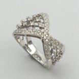 Stylish design 18ct white gold diamond ring, 5.9 grams. Size N, 14.2 mm. UK Postage £12.
